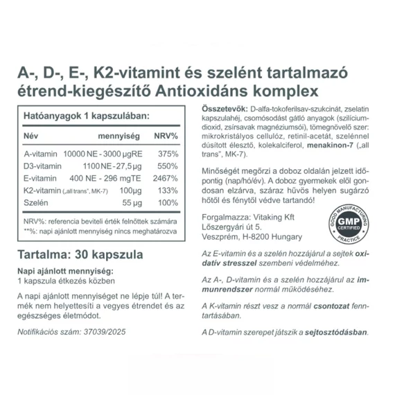 Antioxidáns Komplex – A+D+E+K2+ Szelén (30 kapszula)