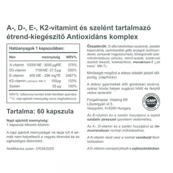 Antioxidáns Komplex – A+D+E+K2+ Szelén (60 kapszula)