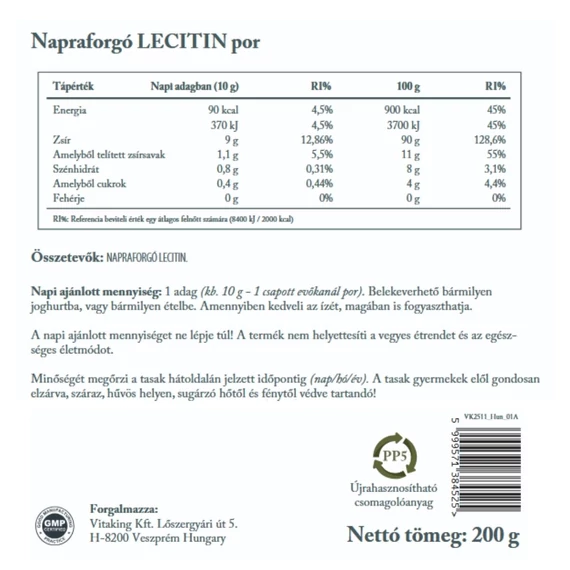 Napraforgó Lecitin Por 200 G
