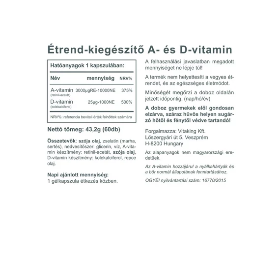 A és D Vitamin 10000NE/1000NE 60 gélkapszula