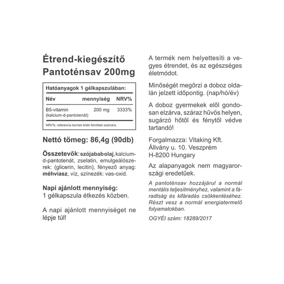 Pantoténsav – B5 Vitamin 90 gélkapszula
