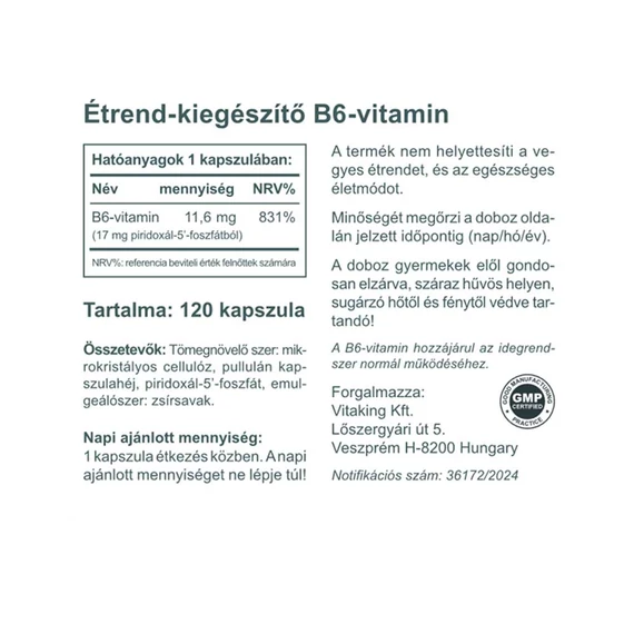 B6 Vitamin (P5P) 11,6mg (120 kapszula)