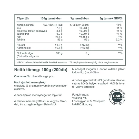 100% Chlorella Alga 200 tabletta