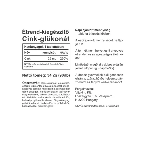 Cink Glükonát 25 Mg (90 tabletta)