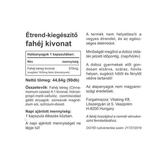 Fahéj Kéreg Kivonat 375mg 90 kapszula