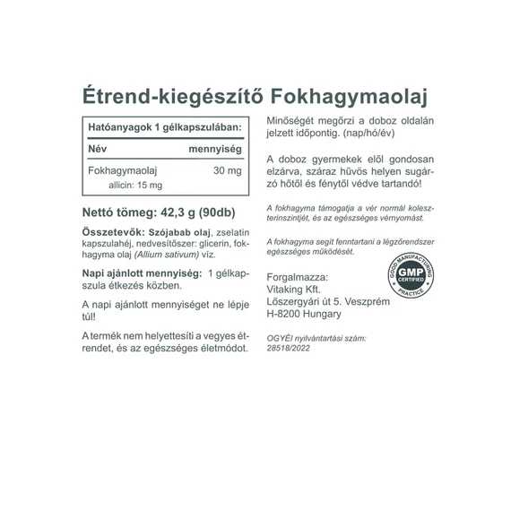 Fokhagymaolaj Kapszula (15mg Allicin) 90 gélkapszula