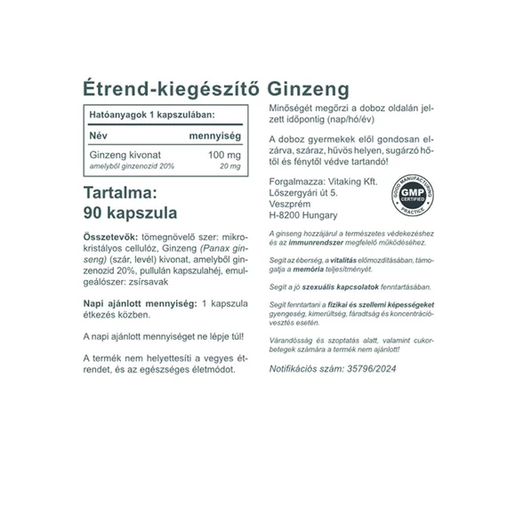 Vitaking Ginzeng Kivonat 100mg (90 kapszula)