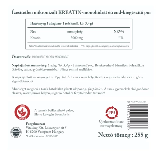 100% Kreatin Monohidrát (Natúr, Mikronizált) 255g