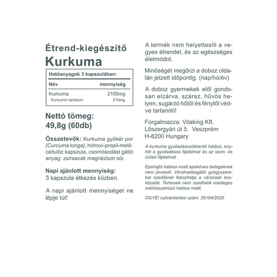 Kurkuma 700mg (70mg Kurkumin Tartalom) 60 kapszula