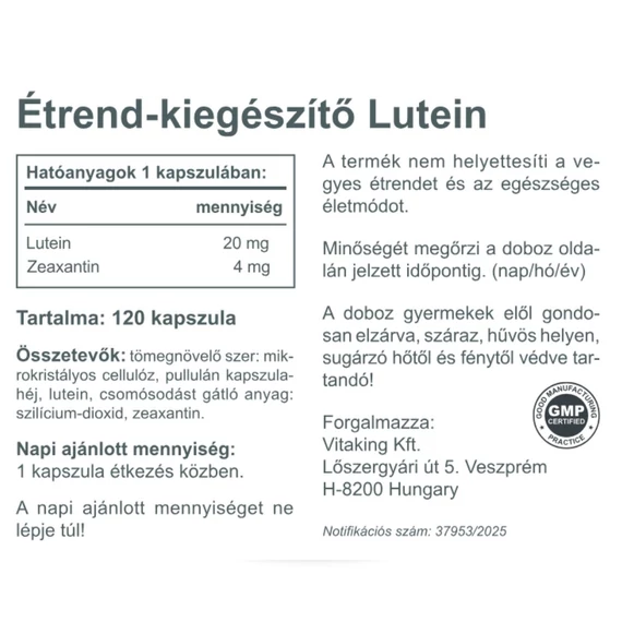 Vitaking Lutein 20mg + 4mg Zeaxantin (120 kapszula)