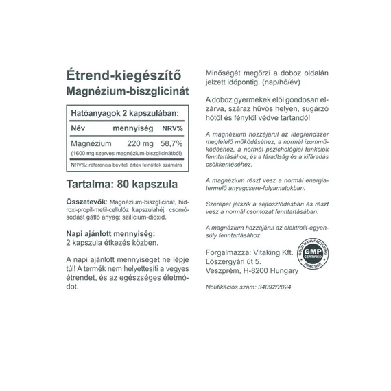 Szerves Magnézium Biszglicinát (80 kapszula)