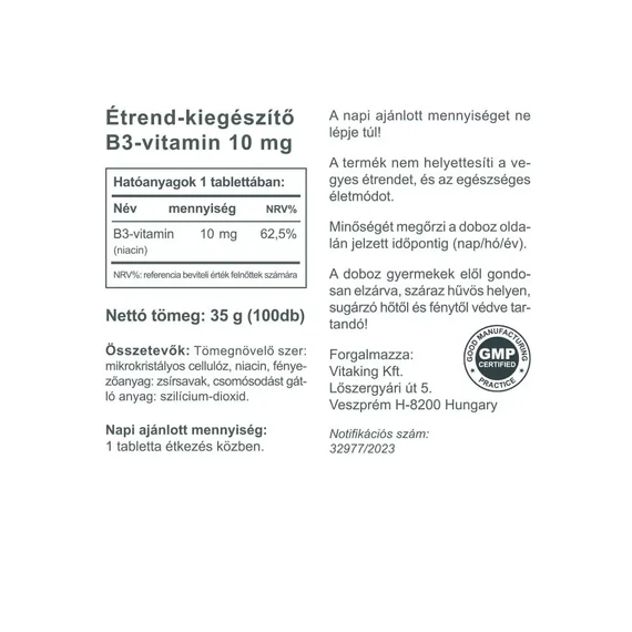 Niacin (B3 Vitamin) 10mg 100 tabletta