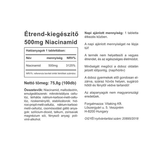 Niacinamid (B3 Vitamin) 500mg 100 tabletta