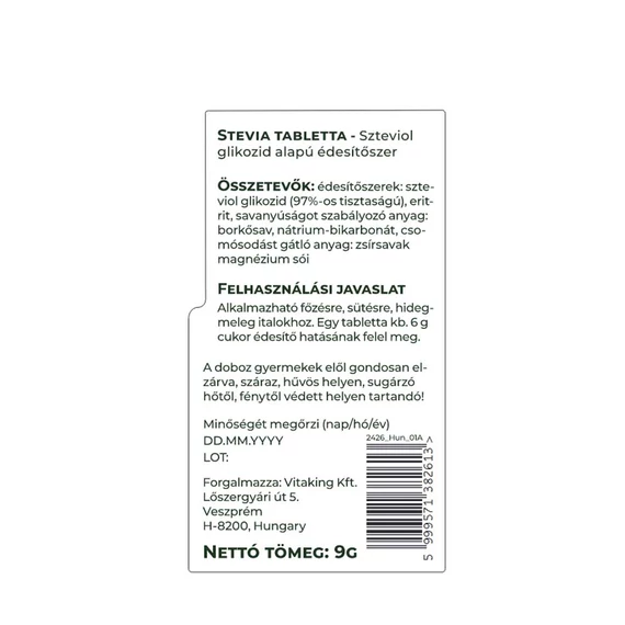 Vitaking Stevia Tabletta 150db (Mellékízmentes)