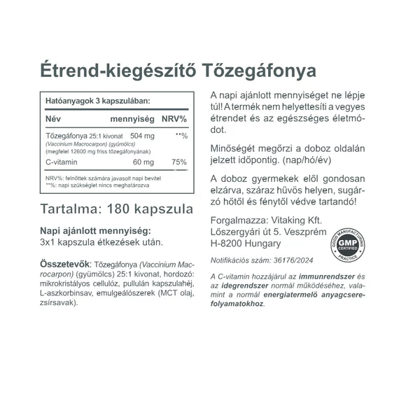 Vitaking Tőzegáfonya Kivonat C-Vitaminnal (180 kapszula)