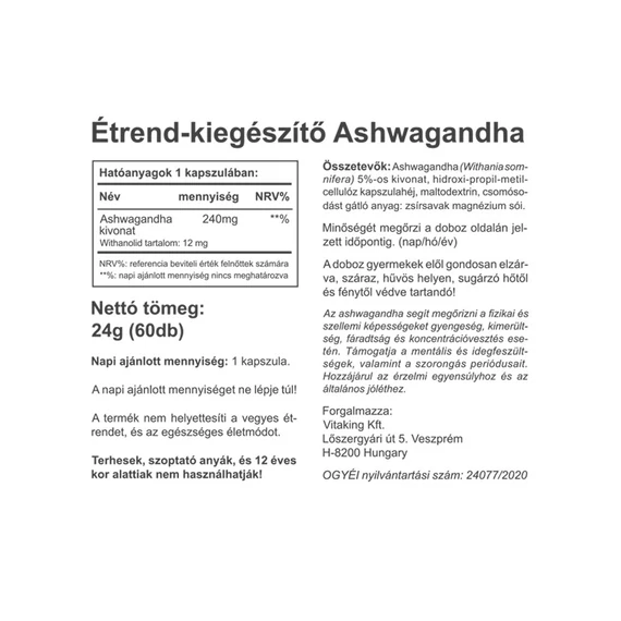 Ashwagandha Kivonat 240mg 60 kapszula