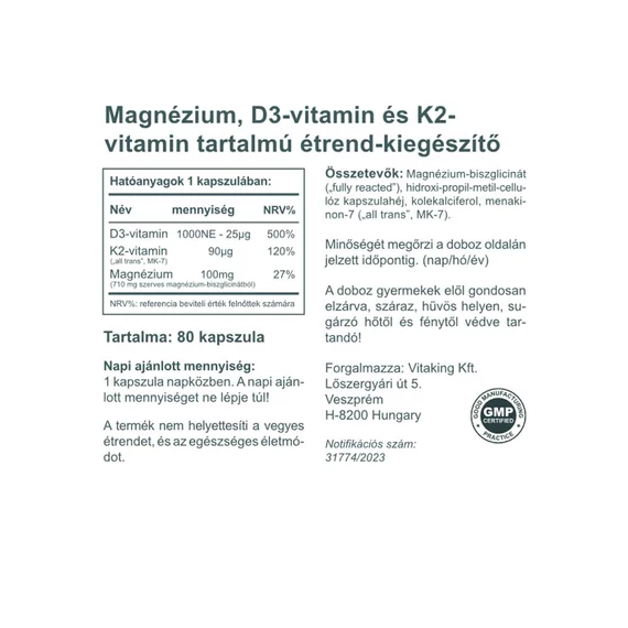 MagneTrio D3+K2+ Magnézium Biszglicinát (80 kapszula)