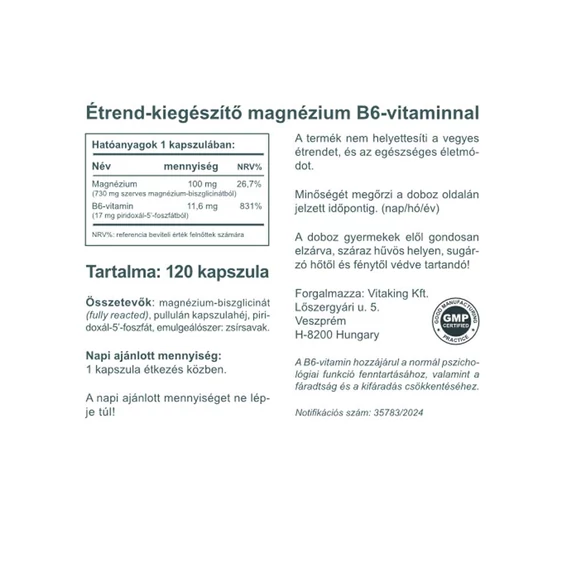 Magnézium Biszglicinát + B6 (P5P) Vitamin (120 kapszula)